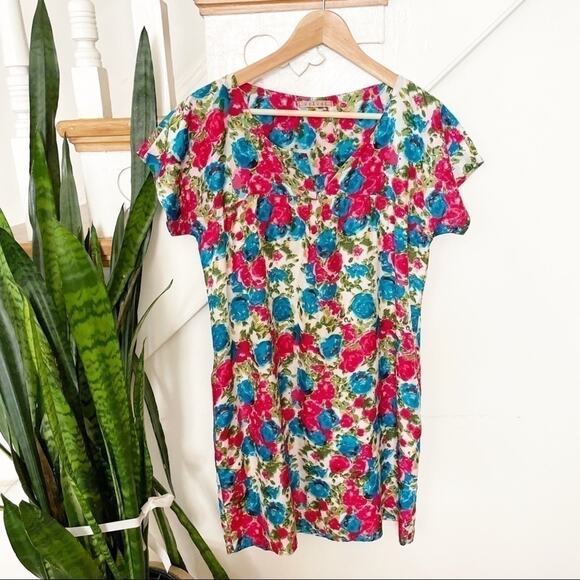 Velvet Pink & Blue Floral Silk Mini Dress - Picture 1 of 6